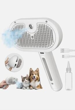 Handheld Liquid Massage Pet Grooming Brush w/ Spray Function, USB, White